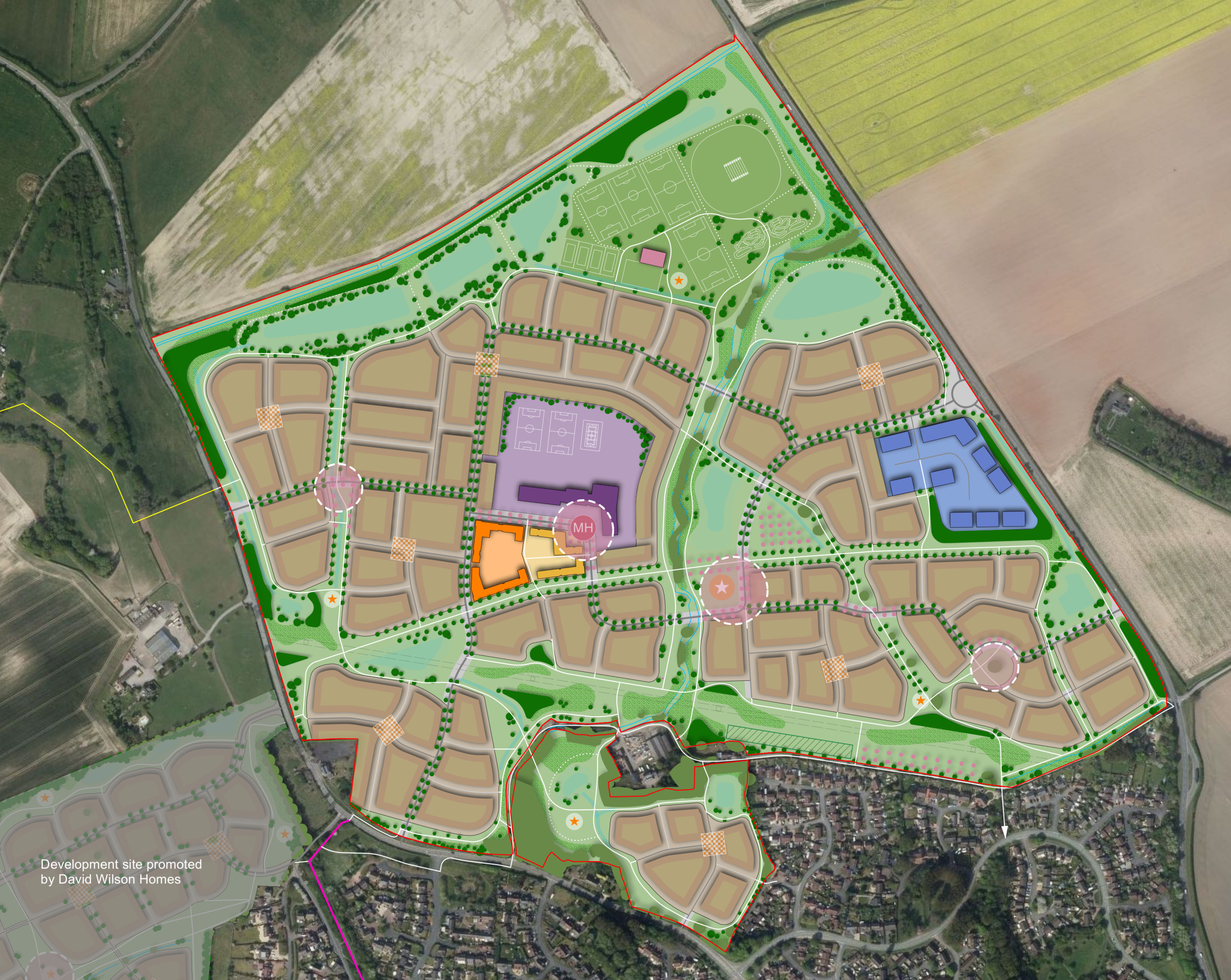 Illustrative presentation masterplan showing how the new community at Bratton Green might look. Click to open interactive map.